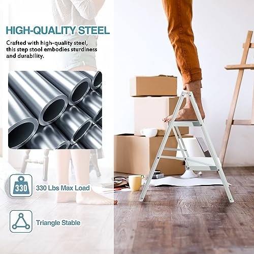 BOCOM 2 Step Ladder, Lightweight Portable Foldable Collapsible Folding Sturdy Iron Metal Step Stool with Anti-Slip Wide Pedal, Heavy Duty 330 lbs Capacity, for Home, Kitchen, Closet, Adults, White