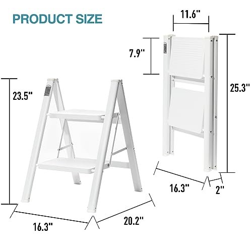 BOCOM 2 Step Ladder, Lightweight Portable Foldable Collapsible Folding Sturdy Iron Metal Step Stool with Anti-Slip Wide Pedal, Heavy Duty 330 lbs Capacity, for Home, Kitchen, Closet, Adults, White