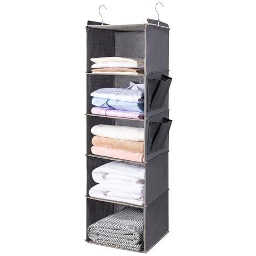 BOOMIBOO Hanging Closet Organize and ShelvesοΌ5-Hanging Shelf with 2 Side PocketsοΌStorage Foldable οΌGreyοΌ