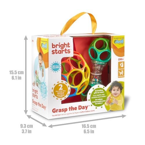 Bright Starts Easy-Grasp Oball Bundle Gift Set - Grasp The Day, Ball and Rattle Toys 2-Pack, BPA Free, Unisex, Newborn+