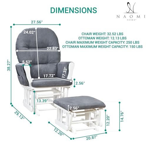 Brisbane Nursery Glider & Ottoman Sets, Glider Recliner Nursery Rocking Chair Nursery Glider Rocker with Ottoman, Reclining Gliders & Chairs for Breastfeeding, Maternity, Napping, White/Dark Gray