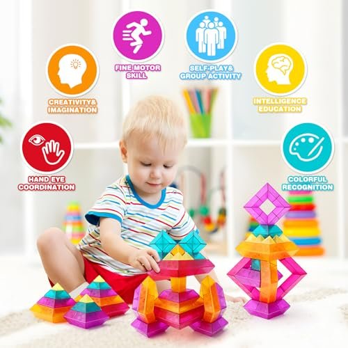 Building Block Sets for Kids 1 2 3 4 5 6 Year Old, 30 Pcs Stacking Blocks Toys for Boys Girls, STEM Preschool Learning Activities Educational Light Table Toys Gifts for Toddlers Children Age 18+ Month