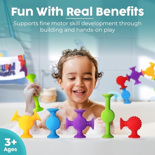 BUNMO Suction Bath Toys - Connect, Build, Create - Bath Toy - Hours of Fun & Creativity - Fine Motor Skills - Captivating & Stimulating Sensory Toy - Non-Mouthable Toy 3+ - Textured 10 Pack