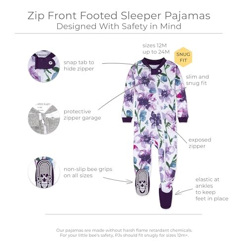 Burt's Bees Baby Girls' Snug Fit One-Piece Footed Non-Slip Sleeper Pajamas