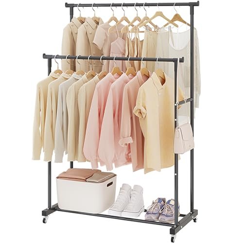 Calmootey Double Rods Clothes Garment Rack, Rolling Clothing Rack for Hanging Clothes, Coat Storage, Organizer for Bedroom, Livingroom, Apartments, Black