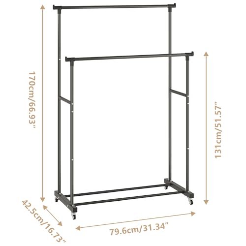 Calmootey Double Rods Clothes Garment Rack, Rolling Clothing Rack for Hanging Clothes, Coat Storage, Organizer for Bedroom, Livingroom, Apartments, Black