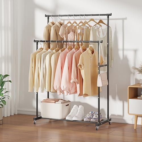 Calmootey Double Rods Clothes Garment Rack, Rolling Clothing Rack for Hanging Clothes, Coat Storage, Organizer for Bedroom, Livingroom, Apartments, Black