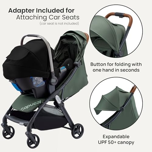 Capucci Memento Baby Stroller - Lightweight One Hand Auto Fold Compact & Self-Standing, 5 Point Safety Harness, Ample Storage, Suitable for Car Seat, Infant Stroller for Travel - Thyme Green