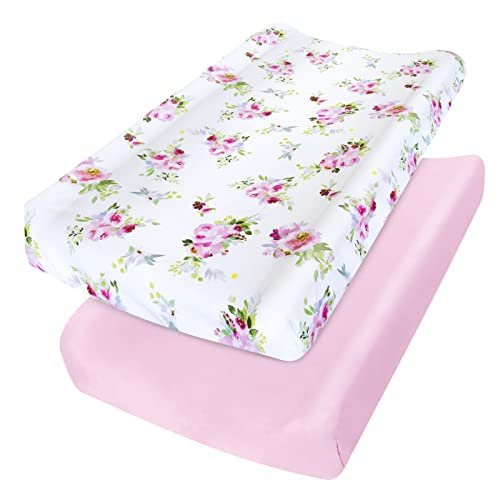 Changing Pad Cover for Girls 2 Pack, Lovely Print Soft Diaper Change Table Sheets, Fit 32"x16" Contoured Pad, Comfy Cozy 2-Pack Cradle Sheets,Floral