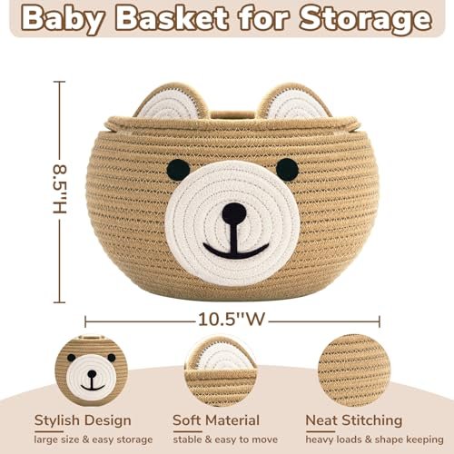 CherryNow Cotton Rope Baby Basket for Nursery, Bear Gift Baskets for Kids, Empty Baby Shower Basket with Handles, Small Cute Animal Baskets, Brown, 10.5"D x 8.5"H