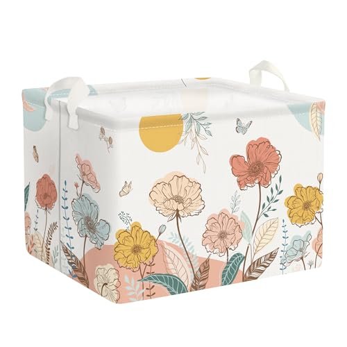 Clastyle 36L Boho Flower Leaf Girls Storage Basket Spring Garden Butterfly Clothes Toy Nursery Bin Collapsible Rectangle Book Shelf Basket for Kids Room