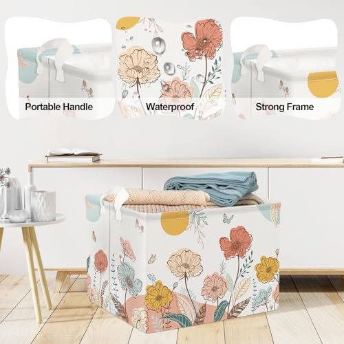 Clastyle 36L Boho Flower Leaf Girls Storage Basket Spring Garden Butterfly Clothes Toy Nursery Bin Collapsible Rectangle Book Shelf Basket for Kids Room