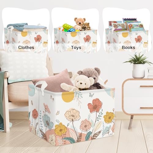 Clastyle 36L Boho Flower Leaf Girls Storage Basket Spring Garden Butterfly Clothes Toy Nursery Bin Collapsible Rectangle Book Shelf Basket for Kids Room