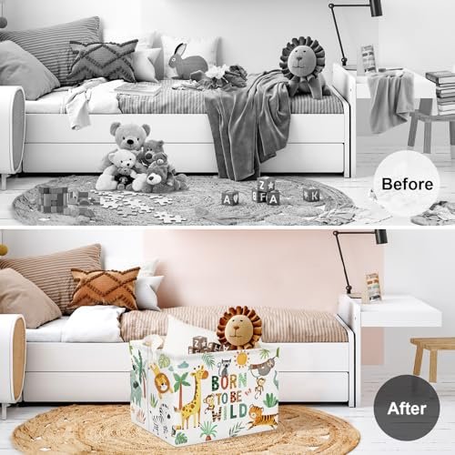 Clastyle 36L Boho Tropical Animal Tree Elephant Kid Storage Basket Rectangle Giraffe Lion Tiger Clothes Toy Nursery Bin Book Shelf Basket