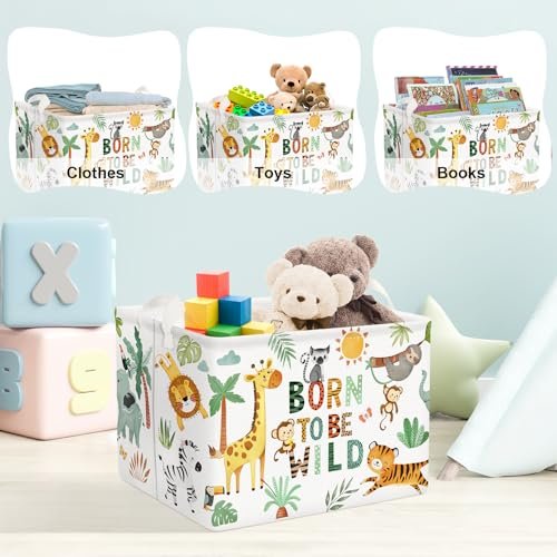 Clastyle 36L Boho Tropical Animal Tree Elephant Kid Storage Basket Rectangle Giraffe Lion Tiger Clothes Toy Nursery Bin Book Shelf Basket