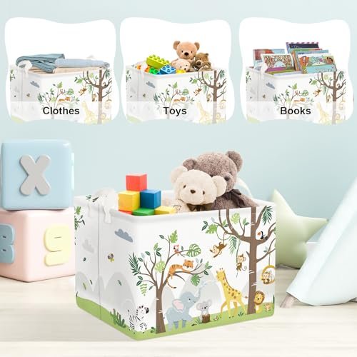 Clastyle Animal Tree Baby Laundry Hamper Kid Storage Basket Boy Girl Gift Toy Box Collapsible Large Clothes Organizer Nursery Bin for Bedroom, White, 40 * 30 * 30 cm