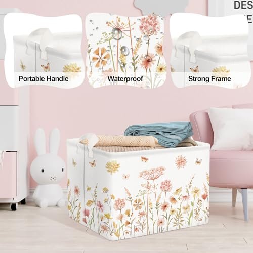 Clastyle Boho Flower Nursery Bin Spring Summer Wildflower Floral Dandelion Plant Butterfly Baby Girl Gift Basket Rectangle Clothes Towel Basket Book Toy Chest