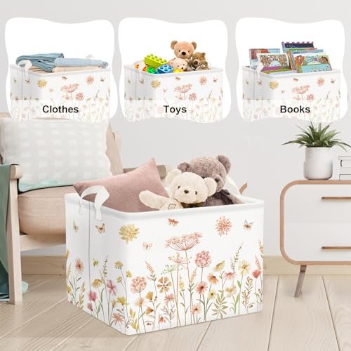Clastyle Boho Flower Nursery Bin Spring Summer Wildflower Floral Dandelion Plant Butterfly Baby Girl Gift Basket Rectangle Clothes Towel Basket Book Toy Chest