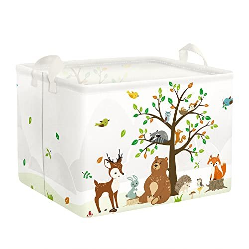 Clastyle Woodland Animals Bear Fox Raccoon Tree Baby Gift Storage Basket Large Deer Owl Collapsible Rectangular Shelf Basket Cute Clothes Towel Toy Book Storage Bin for Nursery
