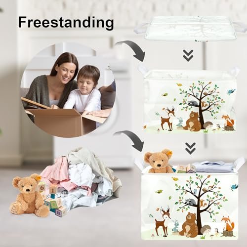 Clastyle Woodland Animals Bear Fox Raccoon Tree Baby Gift Storage Basket Large Deer Owl Collapsible Rectangular Shelf Basket Cute Clothes Towel Toy Book Storage Bin for Nursery