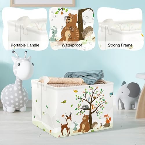 Clastyle Woodland Animals Bear Fox Raccoon Tree Baby Gift Storage Basket Large Deer Owl Collapsible Rectangular Shelf Basket Cute Clothes Towel Toy Book Storage Bin for Nursery