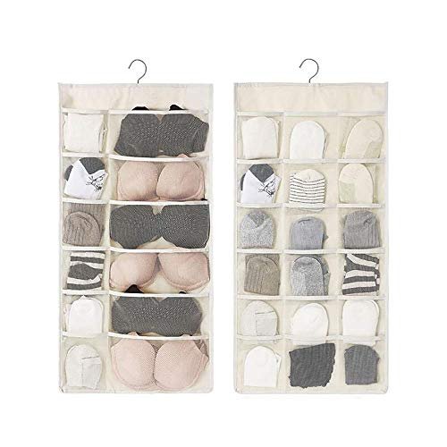 Closet Hanging Organizer with Mesh Pockets & Rotating Metal Hanger,Dual Sided Wall Shelf Wardrobe Storage Bags,Oxford Cloth Space Saver Bag for Bra Underwear Underpants Socks (white)