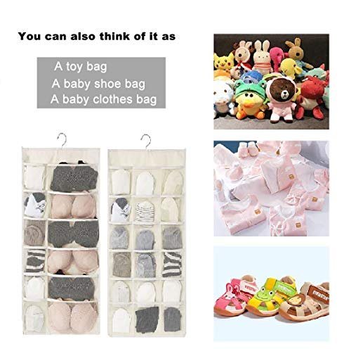 Closet Hanging Organizer with Mesh Pockets & Rotating Metal Hanger,Dual Sided Wall Shelf Wardrobe Storage Bags,Oxford Cloth Space Saver Bag for Bra Underwear Underpants Socks (white)