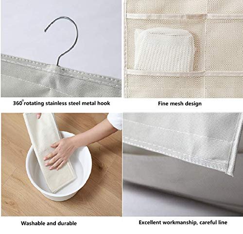 Closet Hanging Organizer with Mesh Pockets & Rotating Metal Hanger,Dual Sided Wall Shelf Wardrobe Storage Bags,Oxford Cloth Space Saver Bag for Bra Underwear Underpants Socks (white)