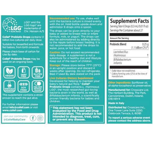 Colief Probiotic Drops Baby | 1.1 Billion Live Cultures | Lactobacillus Rhamnosus & Bifidobacterium Infantis | Suitable from Birth | Scientically Proven Friendly Bacteria | 0.27 Fl Oz