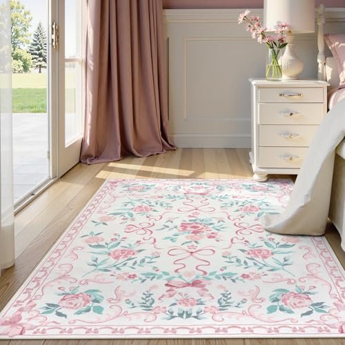 Collive Pink Floral Rugs for Girls, 5x7 Washable Bow Area Rug for Living Room, Cute Ultra-Thin Non Slip Indoor Decor Carpet for Nursery Kids Room Bedroom Playroom (Pink 5' x 7')