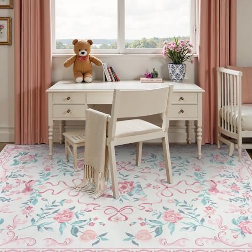 Collive Pink Floral Rugs for Girls, 5x7 Washable Bow Area Rug for Living Room, Cute Ultra-Thin Non Slip Indoor Decor Carpet for Nursery Kids Room Bedroom Playroom (Pink 5' x 7')