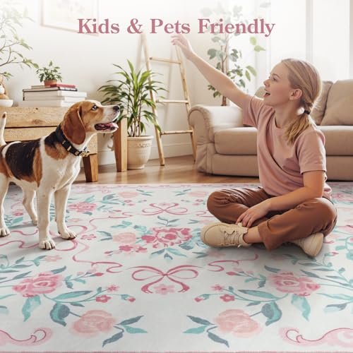 Collive Pink Floral Rugs for Girls, 5x7 Washable Bow Area Rug for Living Room, Cute Ultra-Thin Non Slip Indoor Decor Carpet for Nursery Kids Room Bedroom Playroom (Pink 5' x 7')