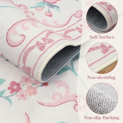 Collive Pink Floral Rugs for Girls, 5x7 Washable Bow Area Rug for Living Room, Cute Ultra-Thin Non Slip Indoor Decor Carpet for Nursery Kids Room Bedroom Playroom (Pink 5' x 7')