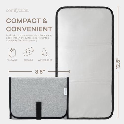 Comfy Cubs Baby Changing Pad Compact Size - Waterproof Diaper Changing Mat with Cushioned Pillow - Soft & Lightweight, Foldable Design for Travel - Stylish Design for Boys and Girls - Solid Grey