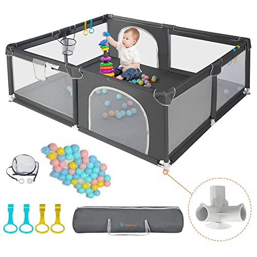 COMOMY Playpens for Babies and Toddlers, 63"x63" Baby Playard Extra Large, Safe and Non-Slip Baby Fence, Full Mesh Design, Indoor & Outdoor Kids Activity Center, Baby Play Pens (Dark Grey)