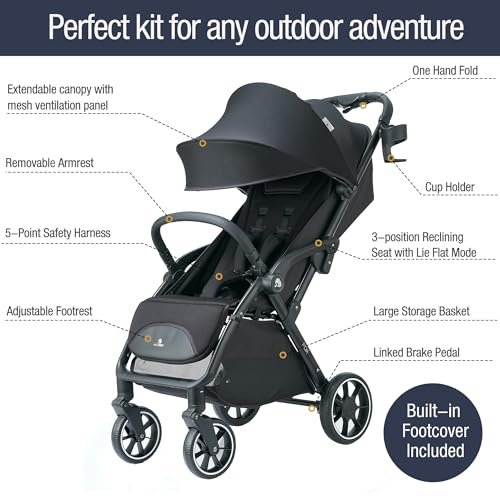 Compact Travel Stroller, Self-Folding Lightweight Stroller with Oversized Canopy, Adjustable Backrest, Newborn Pushchair for Toddler 0-36