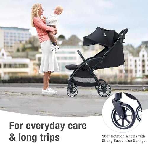 Compact Travel Stroller, Self-Folding Lightweight Stroller with Oversized Canopy, Adjustable Backrest, Newborn Pushchair for Toddler 0-36