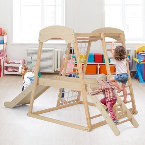 Costzon Indoor Jungle Gym, 6-in-1 Montessori Climbing Toys for Toddlers with Slide, Climbing Net, Monkey Bars, Wooden Playground Climber Playset for Kids Gifts Presents
