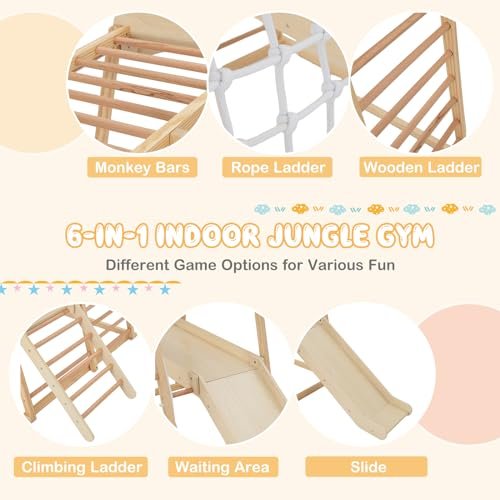 Costzon Indoor Jungle Gym, 6-in-1 Montessori Climbing Toys for Toddlers with Slide, Climbing Net, Monkey Bars, Wooden Playground Climber Playset for Kids Gifts Presents