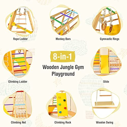 Costzon Indoor Jungle Gym, 8-in-1 Montessori Climbing Toys for Toddlers with Slide, Climbing Rock/Net, Monkey Bars, Indoor Wooden Playground Climber Playset for Kids 3-6 Years Birthday