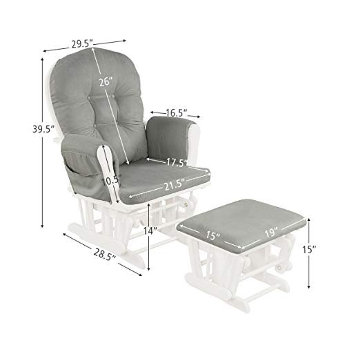 Costzon Nursery Glider with Ottoman, Upholstered Comfort Glider Rocker with Padded Cushion, Storage Pocket, Solid Wood Base, Rocking Chair Nursery for Breastfeeding, Maternity, Napping (Light Gray)