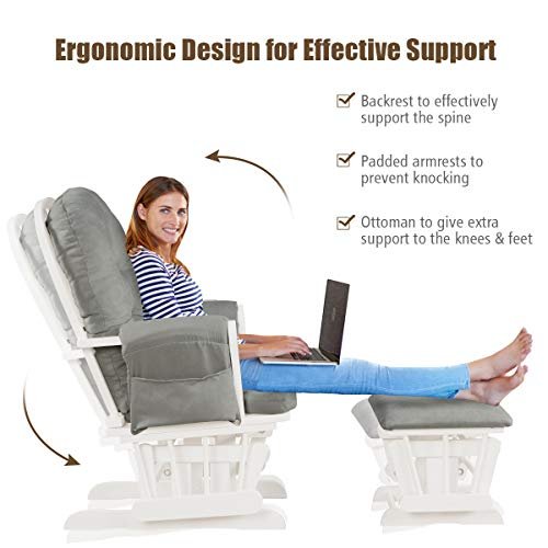 Costzon Nursery Glider with Ottoman, Upholstered Comfort Glider Rocker with Padded Cushion, Storage Pocket, Solid Wood Base, Rocking Chair Nursery for Breastfeeding, Maternity, Napping (Light Gray)