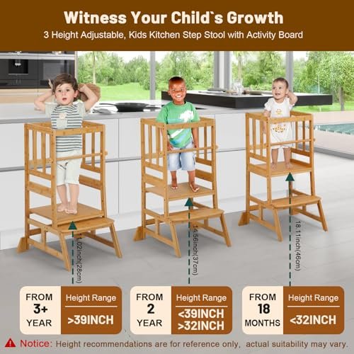 COSYLAND Toddler Standing Tower - Adjustable Height Toddler Kitchen Stool Helper - Kids Kitchen Step Stool for Learning with Removable Safety Railing Natural
