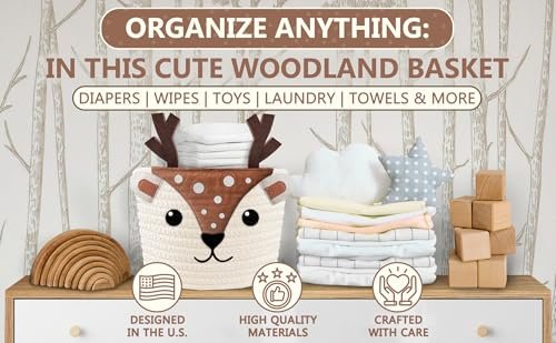 Cute Deer 100% Cotton Rope Baby Laundry Basket for Boys & Girls, Woodland Nursery Decor, Nursery Storage Basket for Essentials like Diapers, Wipes, Towels, Perfect for Baby Shower Gifts, Machine Wash