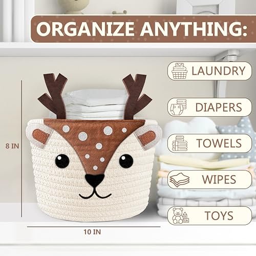Cute Deer 100% Cotton Rope Baby Laundry Basket for Boys & Girls, Woodland Nursery Decor, Nursery Storage Basket for Essentials like Diapers, Wipes, Towels, Perfect for Baby Shower Gifts, Machine Wash