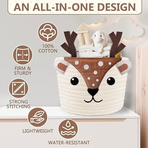 Cute Deer 100% Cotton Rope Baby Laundry Basket for Boys & Girls, Woodland Nursery Decor, Nursery Storage Basket for Essentials like Diapers, Wipes, Towels, Perfect for Baby Shower Gifts, Machine Wash
