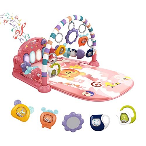 dearlomum Baby Play Mat Baby Gym,Funny Play Piano Tummy Time Baby Activity Mat with 5 Infant Sensory Baby Toys, Music and Lights Boy & Girl Gifts for Newborn Baby 0 to 3 6 9 12 Months (Pink)