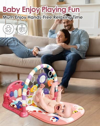 dearlomum Baby Play Mat Baby Gym,Funny Play Piano Tummy Time Baby Activity Mat with 5 Infant Sensory Baby Toys, Music and Lights Boy & Girl Gifts for Newborn Baby 0 to 3 6 9 12 Months (Pink)
