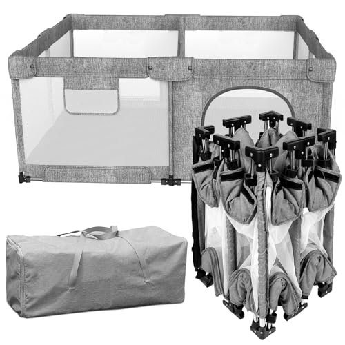 Dearlomum Foldable Baby Playpen with Gate, Extra Large Collapsible Play Yard for Babies & Toddlers, Portable Travel Playpen, Baby Activity Center for Indoor & Outdoor Use (Grey 51"×51")