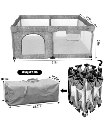 Dearlomum Foldable Baby Playpen with Gate, Extra Large Collapsible Play Yard for Babies & Toddlers, Portable Travel Playpen, Baby Activity Center for Indoor & Outdoor Use (Grey 51"×51")